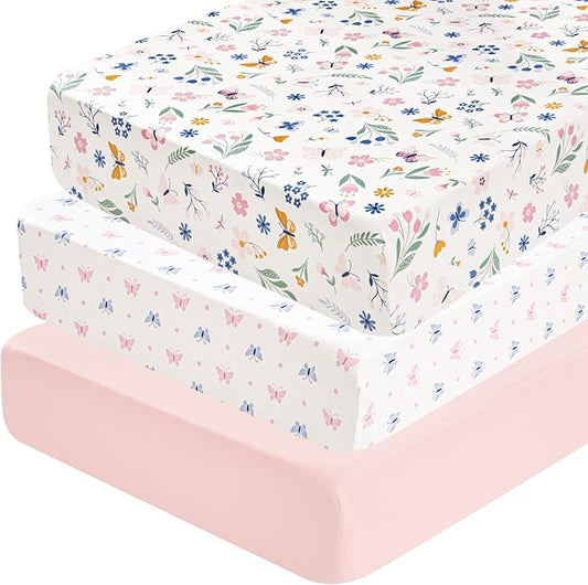 david's kids 3 Pack Fitted Crib Sheets, Ultra Soft Breathable Comfortable Baby Sheet Set for Boys Girls Neutral, 28x52 Inch Fits Standard Crib and Toddler Mattresses, Floral & Butterfly