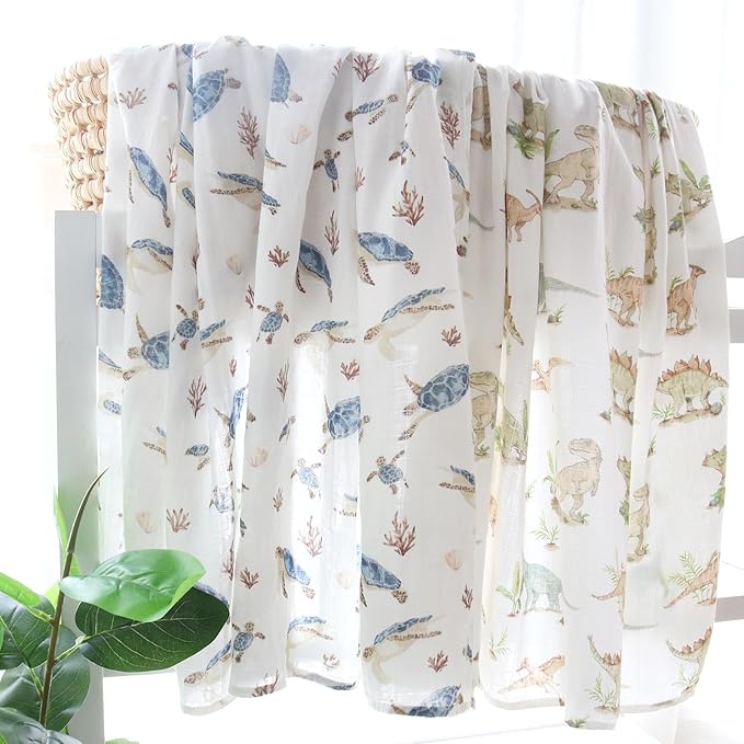 LifeTree Muslin Swaddle Blankets, Baby Swaddling Wrap Nursery Blanket for Boys & Girls, Soft 70% Viscose from Bamboo and 30% Cotton, Large 47 x 47 inches, Sea Turtle & Dinosaur