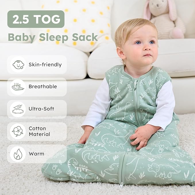FIEMOL Baby Sleep Sack 6-12 Months, 2.5 TOG Cotton Winter Baby Wearable Blanket with 2-Way Zipper, Warm Soft Sleeping Bag for Newborn Infant Boy Girl, Medium Dinosaur