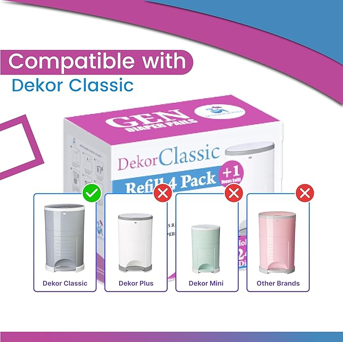 Pack of 8 +1 More Diaper Refill Liners Refills Compatible with DEKOR CLASSIC Diaper Pails Exclusive 30% Extra Thickness Diaper Pail Refills with Powerful Odor Elimination Leakage-proof, Powder Scent