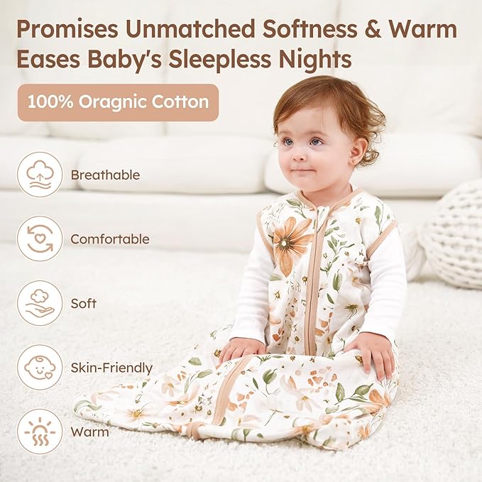 Unnivoll Baby Sleep Sack 18-24 Months 3 Pack 100% Cotton Lightweight 0.5 TOG Wearable Blanket Baby Sleep Bag with 2-Way Zipper for Newborn Infant Orange Flowers & Plaid