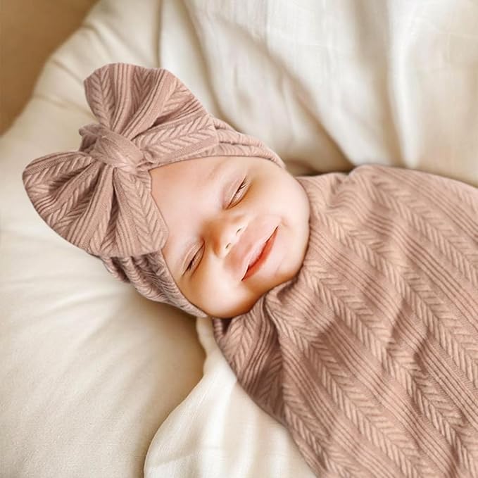 DRESHOW BQUBO Baby Swaddle Blankets for Girls, 4PCS Newborn Accessories Set with Matching Hat and Bow Headband with Hello World Wooden Birth Announcement Card