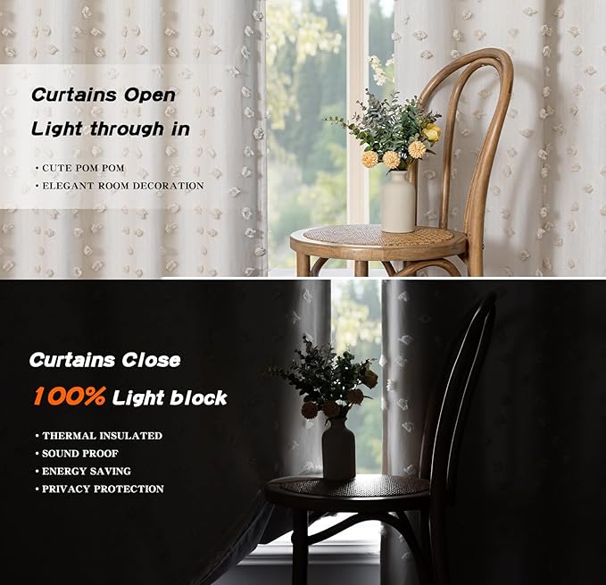 MYSKY HOME 100% Blackout Curtains for Nursery Thermal Insulated Beige Pom Pom Curtain 72 Inch Length for Girls Bedroom 2 Panels Grommet White Sheer Drapes for Kitchen Dining Room Door, 52W x 72L