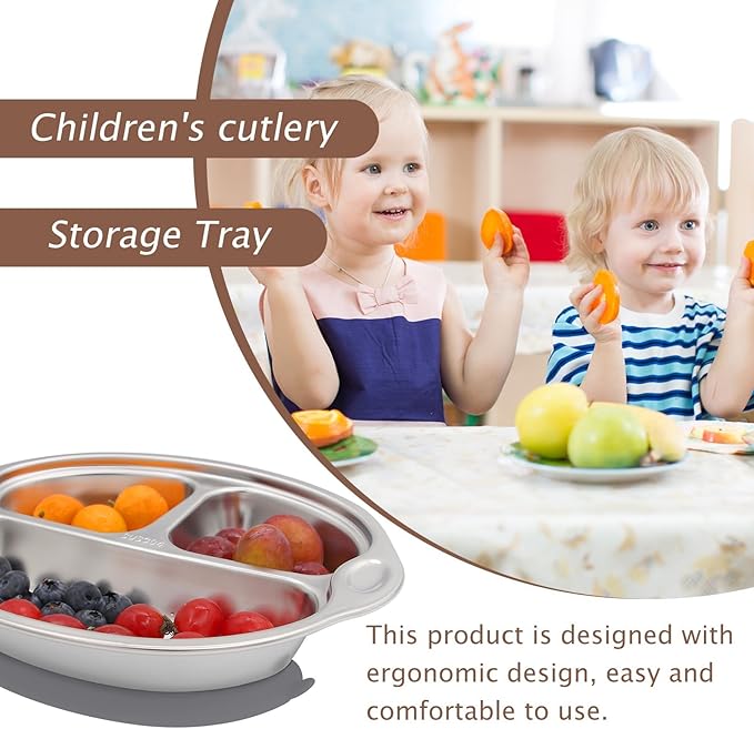 Mrs. Chou Stainless Steel Baby Suction Plates: Divided Plates for Babies and Toddlers, Made of 100% Food-Grade Materials Ideal for Baby-Led Weaning BPA-Free Toddler Feeding Dishwasher Safe Gray