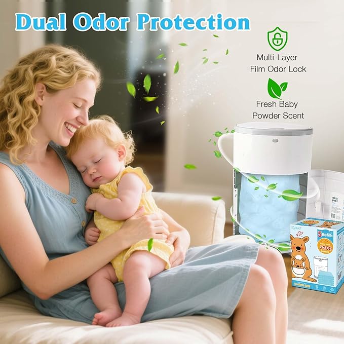 5 Pack Diaper Pail Refill Bags Compatible with Dekor Classic Diaper Pail, 40% Extra Length Refills Holds up to 3200 Diapers, Thickened Multi-layer Odor Control (Baby Scent)