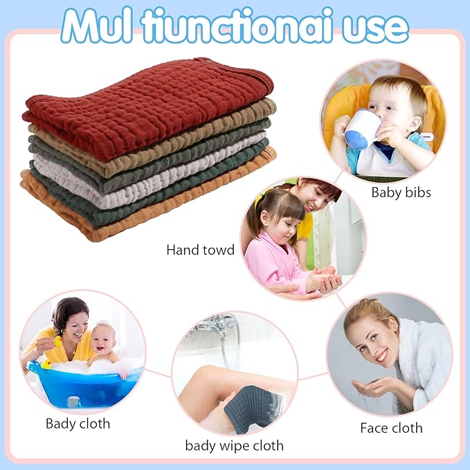 Hicarer 6 Count Muslin Burp Cloths Cotton Baby Burping Rags Large 20 x 10 Inch 6 Layers Spit up Rags Soft Absorbent Multicolor Wash Cloths Diapers for Newborn Baby Girl Boy(Dark Color Series)