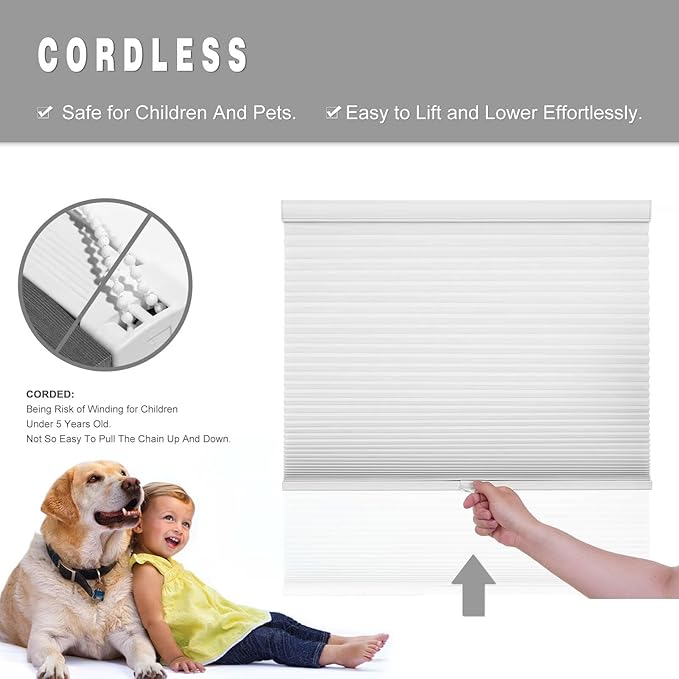 Changshade Cordless Light Filtering Cellular Shades for Indoor Windows Doors, Pull Down Honeycomb Blinds Thermal Insulated 1.5 Inch Accordion for Home, Bedroom, Bathroom, Nursey,23" W×64" H, White
