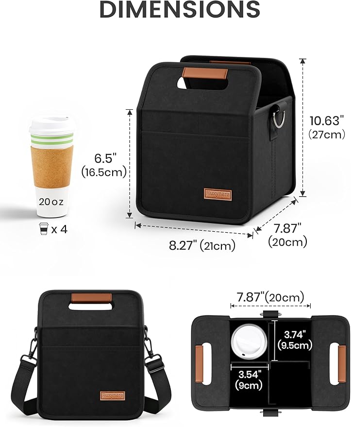 Fluxynara 4-Cup Reusable Felt Drink Carrier with Handle and Adjustable Shoulder Strap, Drink Holder for Car, Multi-Cup Drink Carrier Bag for Delivery, Travel, Picnics (Black)