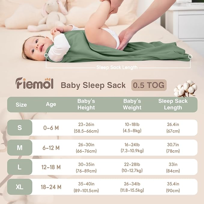 FIEMOL Baby Sleep Sack 18-24 Months, 100% Cotton Sleeping Sack for Newborn and Infant, 3 Pack Baby Wearable Blanket, 0.5 Tog Lightweight Double Zipper Sleep Bag Cyan