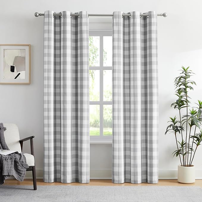 Amzdecor Gray White Buffalo Plaid Full Blackout Curtains 90 Inch Long for Bedroom Living Room Farmhouse Check Patterned Drapes Thermal Insulated Soundproof Grommet Window Treatment, 2 Panels, 40"x90"
