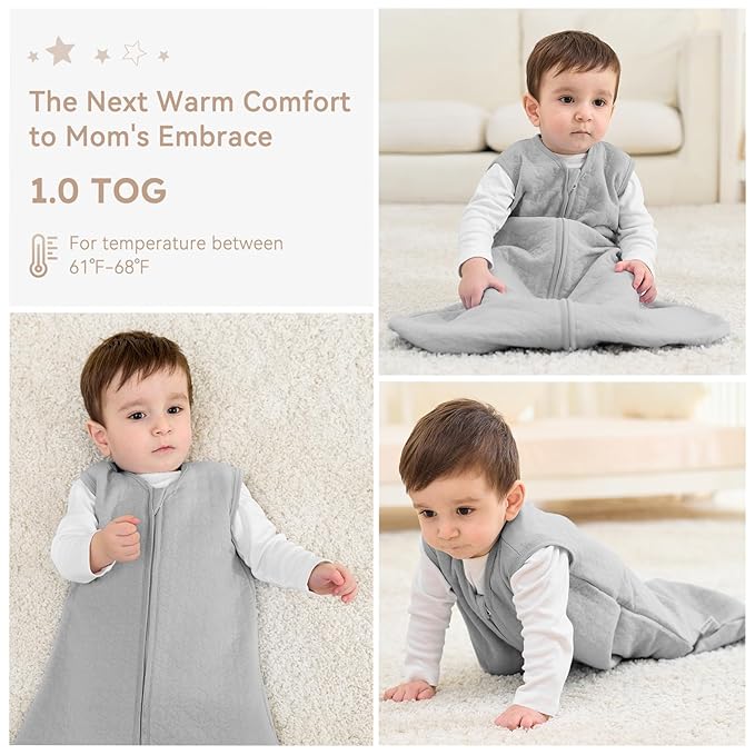 Unnivoll Baby Sleep Sack 6-12 Months 1.0 Tog Baby Wearable Blanket Cotton Sleeping Sack Quilted Baby Sleep Bag with 2-Way Zipper for Infant Newborn Grey