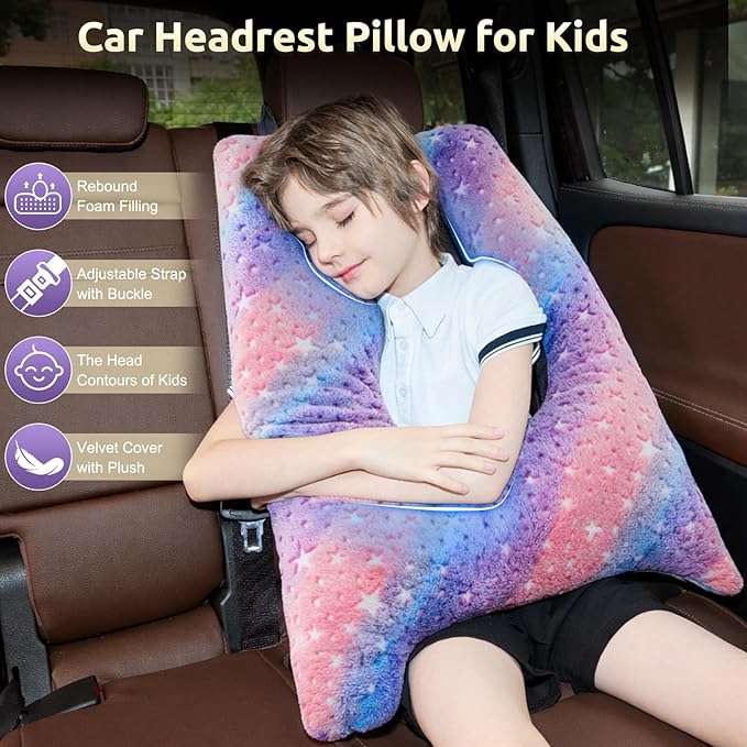 Car Pillow for Kids, Travel Pillow with Adjustable Strap, Kids Floor Pillows Cushions for Adults and Children to Support Head and Body Road Trip Essentials (Multicolor)