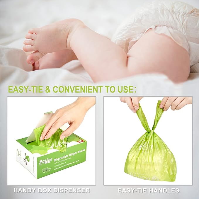 Baby Disposable Diaper Bags,300 Count OXO-Biodegradable Diaper Sacks,Easy-Tie Handles,Diaper Disposal or Pet Waste Bags, Unscented