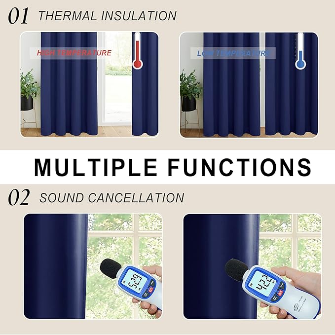 XWZO 100% Blackout Curtain Panels - Rod Pocket & Back Tab Thermal Insulated Black, Noise Reducing and Heat Blocking Drapes for Hall and Studio Windows with Tiebacks, Navy Blue, W52 x L45, Set of 2