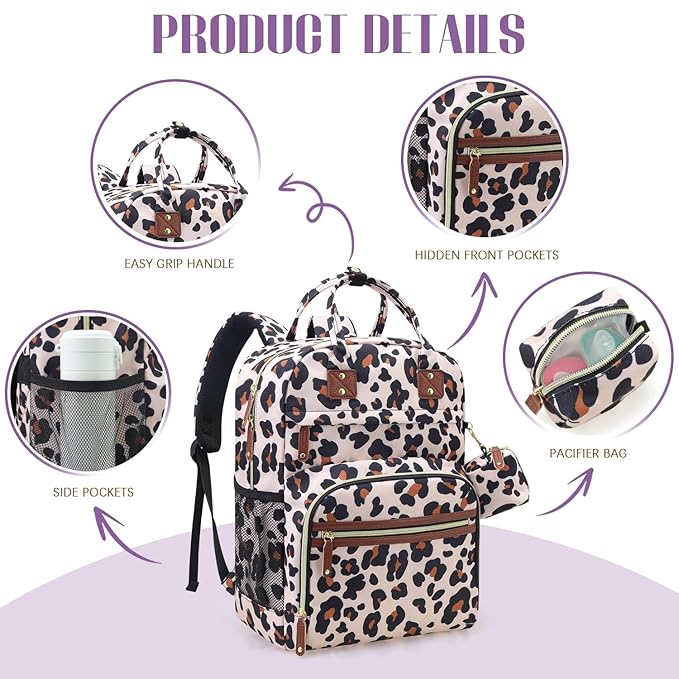 Tuwubi Diaper Bag Backpack, Baby Essentials Travel Tote Bag, Multi function Waterproof Backpacks, Travel Essentials with Stroller Straps & Pacifier Case - Leopard Print