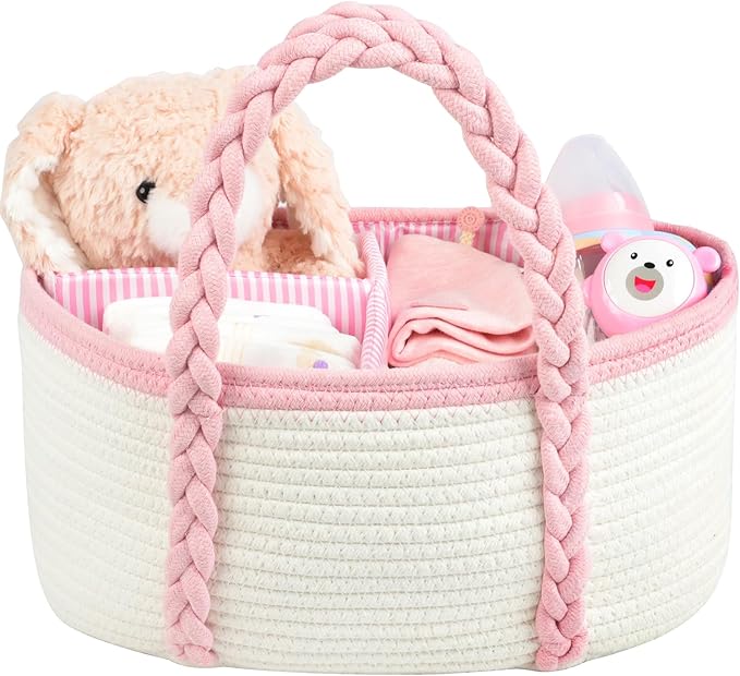 Baby Diaper Caddy, Portable Diaper Organizer for Changing Table, Car Travel Girls Shower Gifts Newborn Essentials, Cotton Rope Nursery Storage Basket for Girls (White＆Pink)