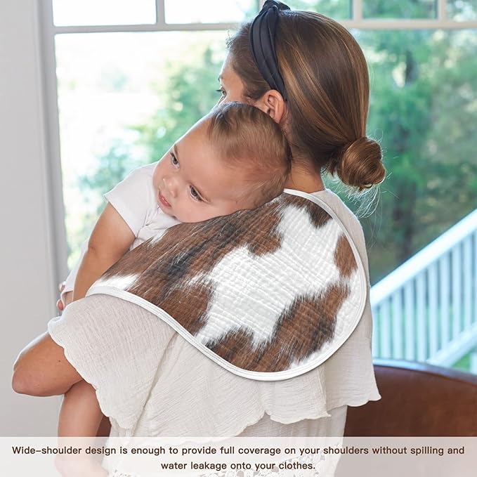 WELLDAY Muslin Baby Burp Cloths Set of 4, Soft Absorbent White Brown Print Cow Muslin Washcloths, Bibs, Face Towel for Newborn Boys Girls, 22 x 11 Inch