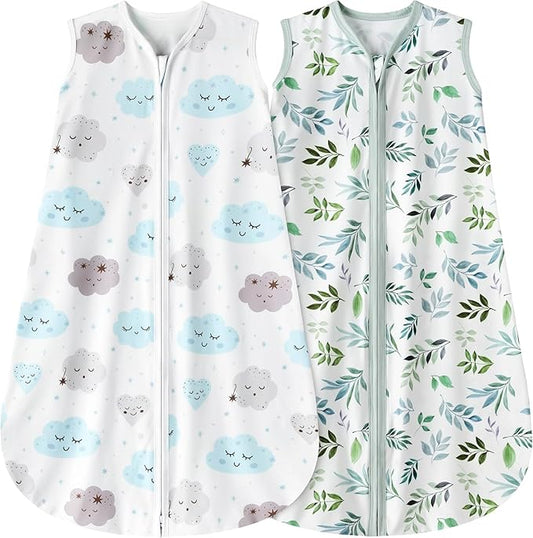 BSTOPPT Newborn Sleep Sack Baby Swaddle,0-12 Months,3-Way Adjustable Wearable Blanket,Swaddling Sleeping Bag (Leaf&Clouds, 6-12 Months)
