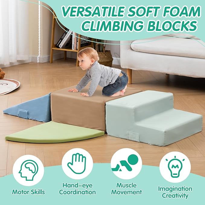 Large 4 Pcs Climbing Toys for Toddlers 1-3 Inside, Oderless & Skin-Friendly Toddler Climbing Toys Indoor, Foam Climbing Blocks for Toddlers with Velcro to Keep Them Together-Ideal Gift