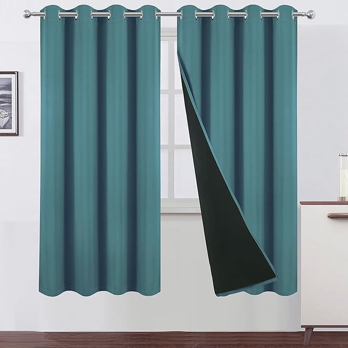 LEMOMO 100% Blackout Curtains 52 x 72 Inch/Sea Teal Curtains 2 Panels with Black Lining Room Darkening Thermal Insulated Bedroom Curtains