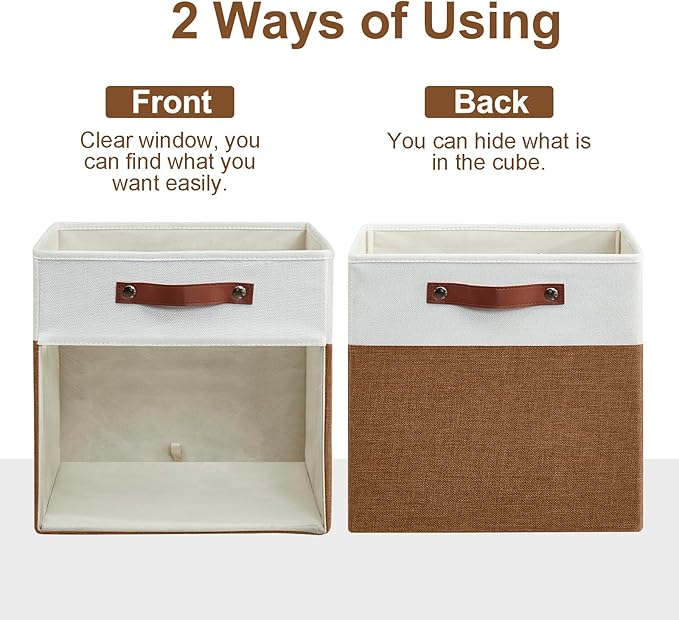 Storage Cubes, 4 Pack Linen Foldable Storage Bins (13 x 13 inch) with Clear Window and Handles, Fabric Organizer for Shelf Closet, Clothes, Books - (Brown and White)