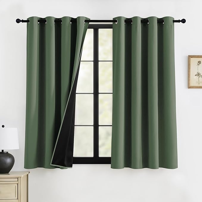 RYB HOME Green Blackout Curtains 63 inches Length, 100% Blackout Thermal Insulated Window Curtains for Bedroom Living Room, 52 inches Wide by 63 inches Long, Hunter Green, 2 Panels