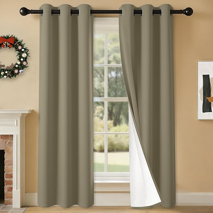 100% Blackout Curtains 72 Inch Length for Bedroom Living Room, Grommet Thermal Insulated Room Darkening Drapes, Light Blocking Window Treatment Decor, 2 Panels, 37x72, Taupe