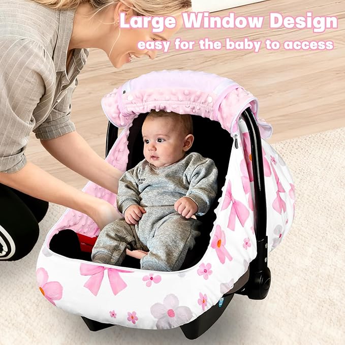 Hooyax Baby Car Seat Cover with Dual Zipper, Extra Large Mesh Window Carseat Canopy, All-Season Weather Protection for Infant Car Seats & Strollers (Pink Bow)