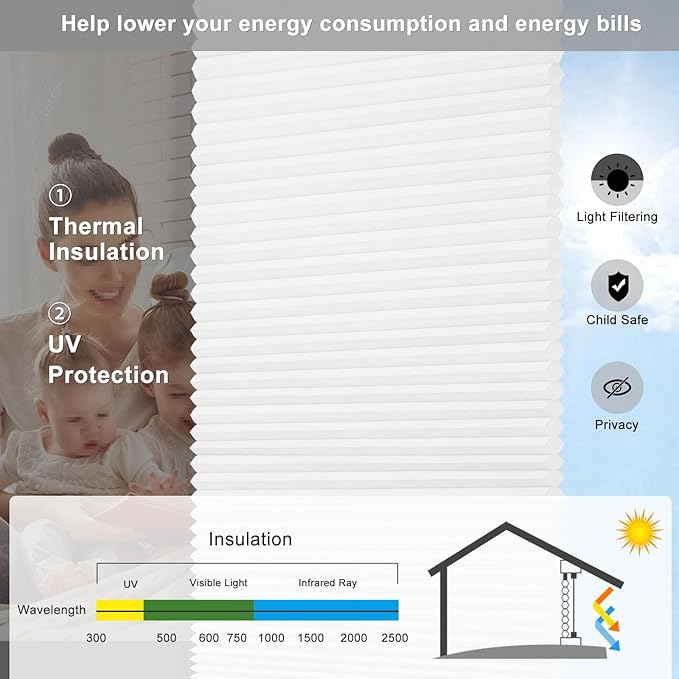 Changshade Cordless Light Filtering Shades Cellular Blinds for Indoor Windows Doors, Honeycomb Pull Down 1.5" Cell for Bedroom, Bathroom, Nursey, White, Shade Size 29.5 Inch Width, 72 Inch Height