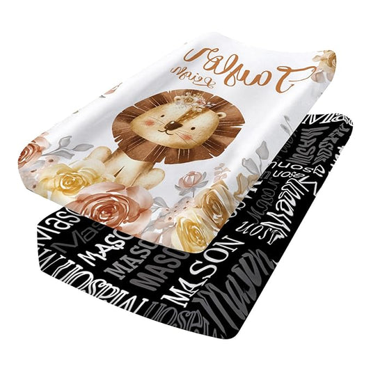 Custom Changing Pad Cover Set - Jersey Knit Ultra Soft Unisex Waterproof Diaper Changing Table Covers with Personalized Name for Baby Boys Girls - Comfy Cozy 2 Pcs Set Style15