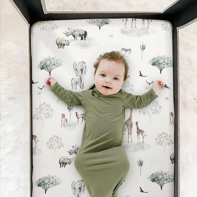 Stretchy Ultra Soft Jersey Knit Fitted Pack n Play Sheets Set 2 Pack, Portable/Mini Crib Sheets for Boys and Girls, Stylish Playard Sheets Fitted Safe and Snug, African Savannah Animals Pattern