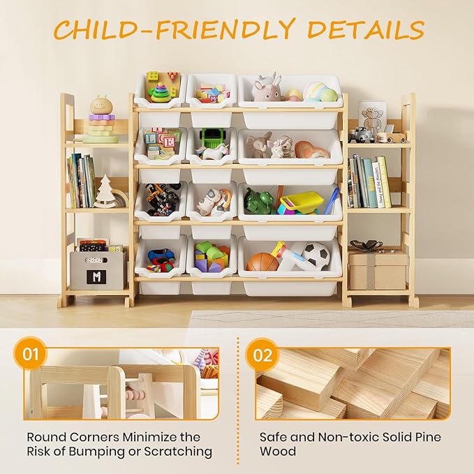 Extra Large Toy Storage - Toy Storage Organizer, Wooden Toy Organizer with 6 Side Shelves and 12 Bins, 3-in-1 Bookshelf for Kids Rooms, Playroom, Nursery, White