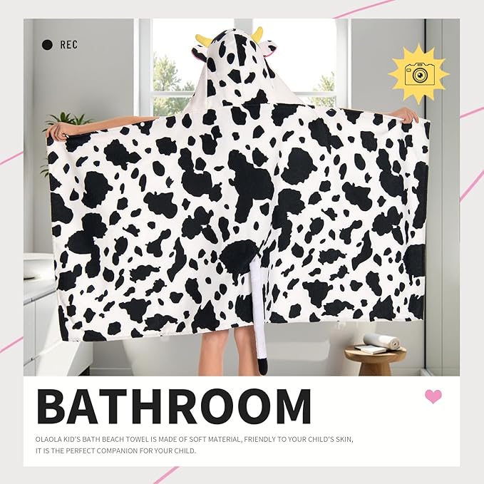 OLAOLA Cow Hooded Towel for Kids 3-12 Years, 28" x 53" Soft Thick Absorbent Beach Towels, Toddler Bath Towel Wrap Swim Pool Towels Poncho for Boys Girls