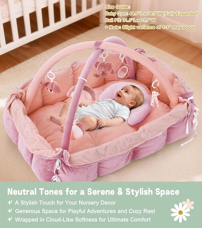 5-in-1 Baby Play Gym and Tummy Time Mat, Tummy Time Pillow & 12 Learning Cards, Plush Activity Mat with 6 Toys, Baby Gym, Convertible to Ball Pit, Baby Gift, Light Pink
