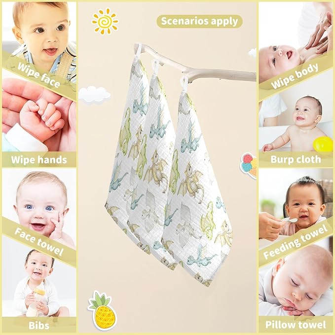 vvfelixl Watercolor Dragons Cartoon Style Baby Burp Cloths Baby Muslin Washcloths for Boys Girls Cotton Baby Face Towel for Newborn Infants Soft and Absorbent 11.8 X 11.8 in, 5 Pack
