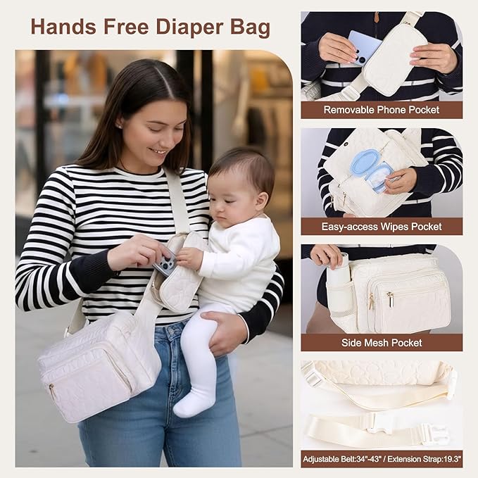 Rexmore Puffer Quilted Fanny Pack Diaper Bag for Mom - Women‘s Compact Crossbody Purse with Portable Changing Pad & Wipes Pouch, Travel & Quick Errand Baby Essentials Organizer (Off White)