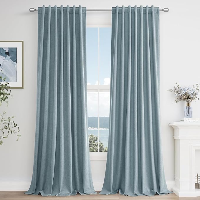 Guken Blue 100% Blackout Curtains 105 Inch Length 2 Panels Set for Living Room Bedroom Back Tab Thermal Insulated Black Out Linen Drapes Room Darkening Window Curtains Dusty Blue 52x105