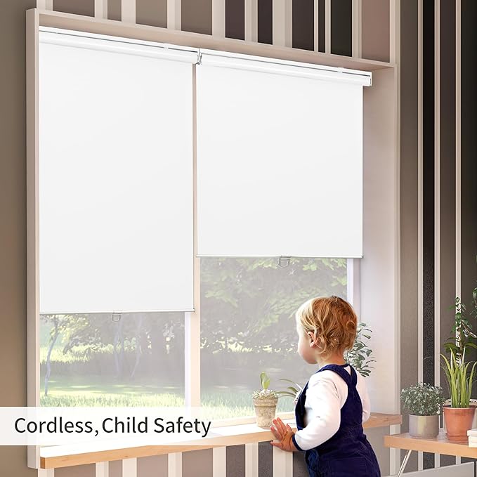 GENIMO 100% Blackout Roller Window Shades, Window Blinds Cordless with Thermal Insulated, UV Protection Fabric, Mini French Door Blinds for Home, Office, Bedroom, Easy to Install, White, 46" W X 72" H