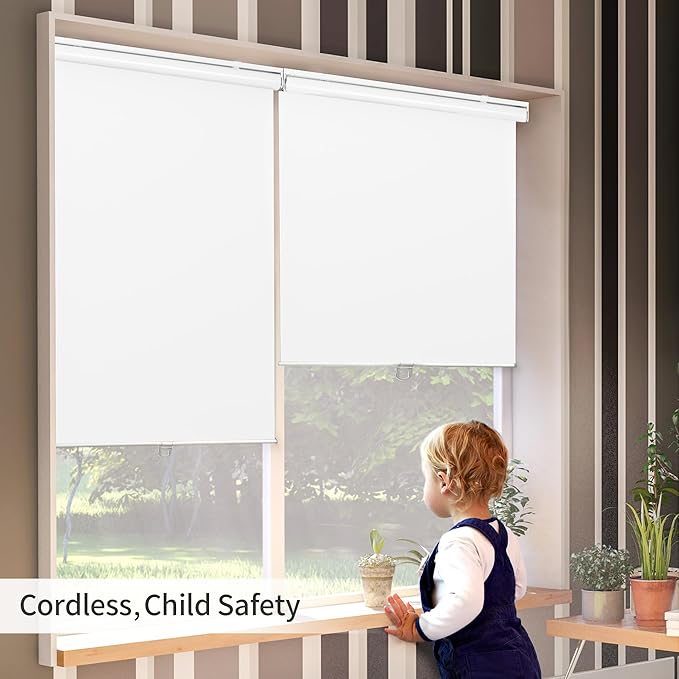 GENIMO 100% Blackout Roller Window Shades, Window Blinds Cordless with Thermal Insulated, UV Protection Fabric, Mini French Door Blinds for Home, Office, Bedroom, Easy to Install, White, 23" W X 72" H