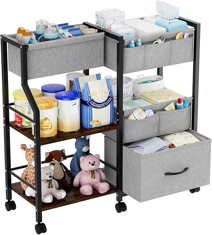 Baby Diaper Caddy Organizer and Storage, 3 Tier Rolling Cart with Dividers and Drawers, Mobile Utility Cart with Wheels for Nursery, Bedroom, Baby Newborn Essentials Storage Cart, Black