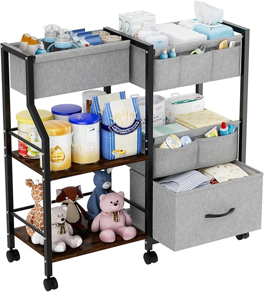Baby Diaper Caddy Organizer and Storage, 3 Tier Rolling Cart with Dividers and Drawers, Mobile Utility Cart with Wheels for Nursery, Bedroom, Baby Newborn Essentials Storage Cart, Black