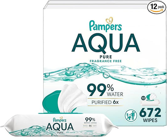 Pampers Baby Wipes Aqua Pure, 99% water-based wipes, Hypoallergenic and Unscented Baby Wipes, 672 Wipes Total (12 Flip-Top Packs)