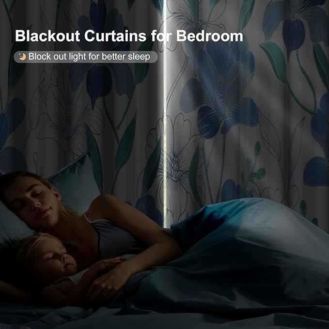 Blackout Curtains 84 inch Length 2 Panels Set, Blue Floral Printed Grommet Thermal Privacy Black Out Curtains for Bedroom with Black Liner, Light Filtering Window Curtains for Living Room and Nursery