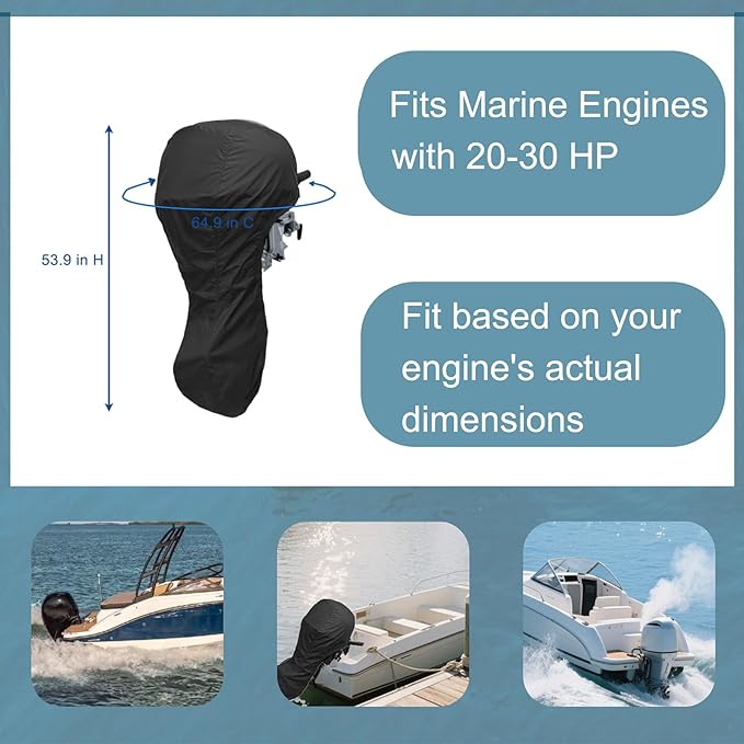 Waterproof Outboard Motor Cover for 20-30 HP Heavy Duty Fabric, Full Body Protection 64.9" C x 53.9" H, UV/Fade Resistant for Boats