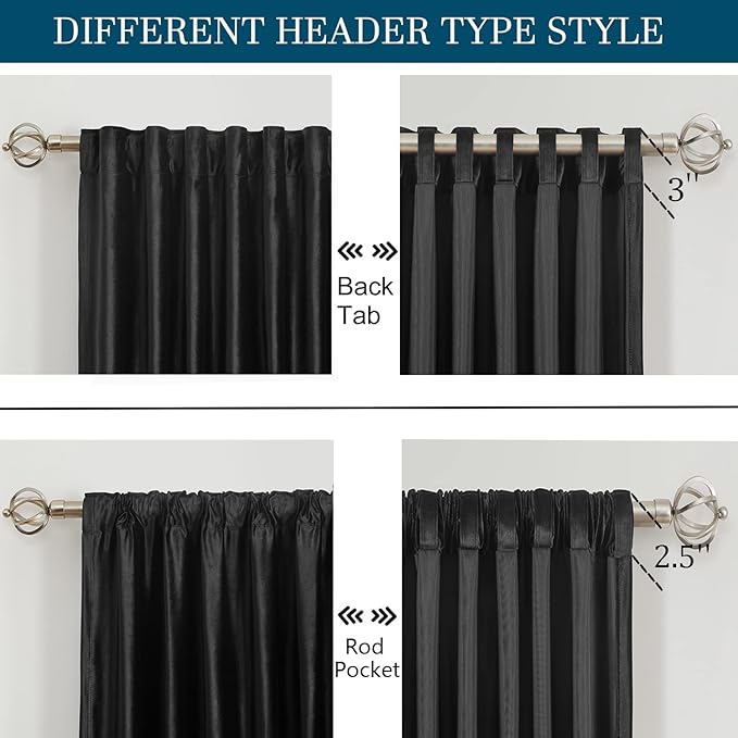 PRIMROSE Black Curtains 96 inch for Living Room Velvet Drapes Blackout Rod Pocket Back Tab Window Treatment Semi Room Darkening Decor Curtains for Bedroom Set of 2 Panels