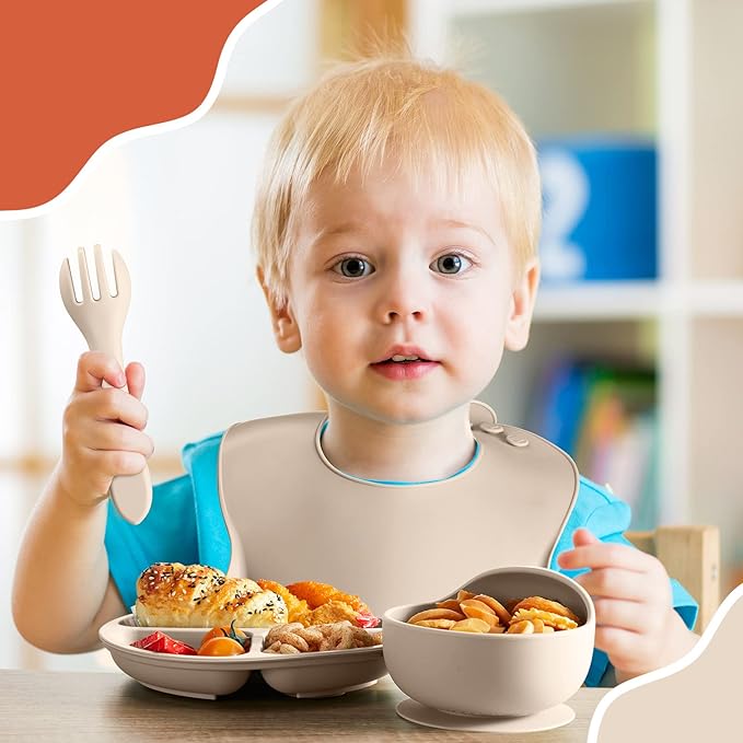 10 Pack Silicone Baby Feeding Set, Toddlers Led Weaning Feeding Supplies with Suction Baby Bowl Divided Plate Adjustable Bib Soft Silicone Spoon Fork, Infant Self Eating Utensil Set (Beige, Orange)