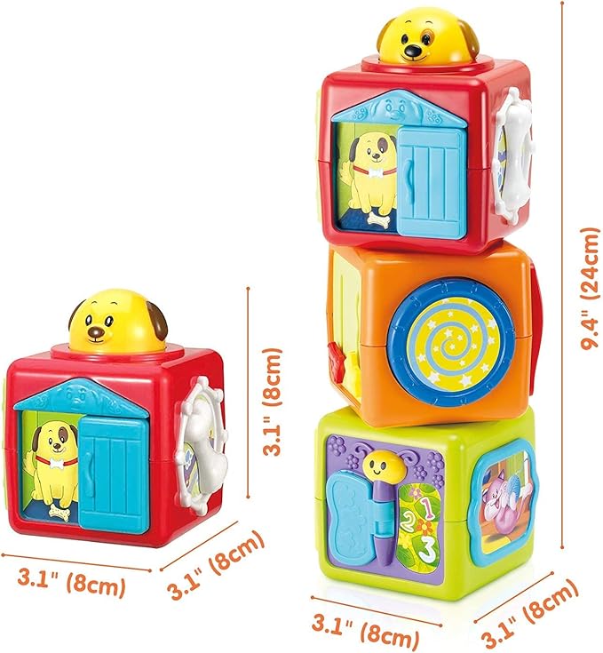 Bambiya Activity Cubes & Stacking Toy Blocks Set of 3 - Baby Blocks for Toddlers w/Animal Theme - Gross & Fine Motor Skills: Slide, Spin, Wiggle, Turn, Stack - Educational 3 Month Old Toys for Babies