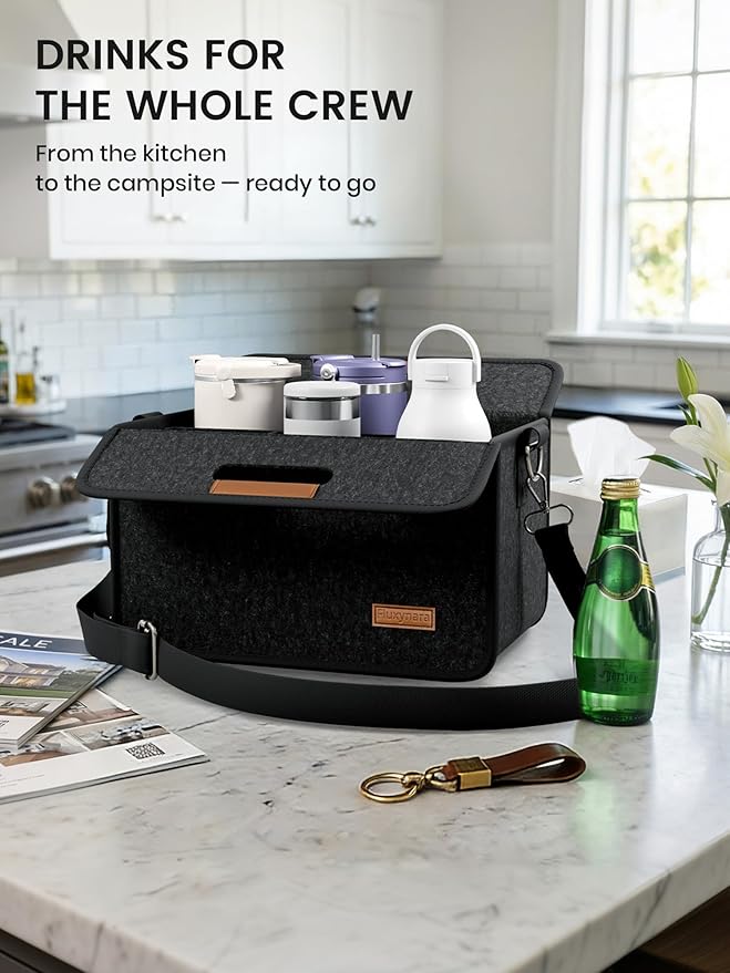 Fluxynara 6-Cup Reusable Felt Drink Carrier with Handle and Adjustable Shoulder Strap, Drink Holder for Car, Multi-Cup Drink Carrier Bag for Delivery, Travel, Picnics (Charcoal Gray)