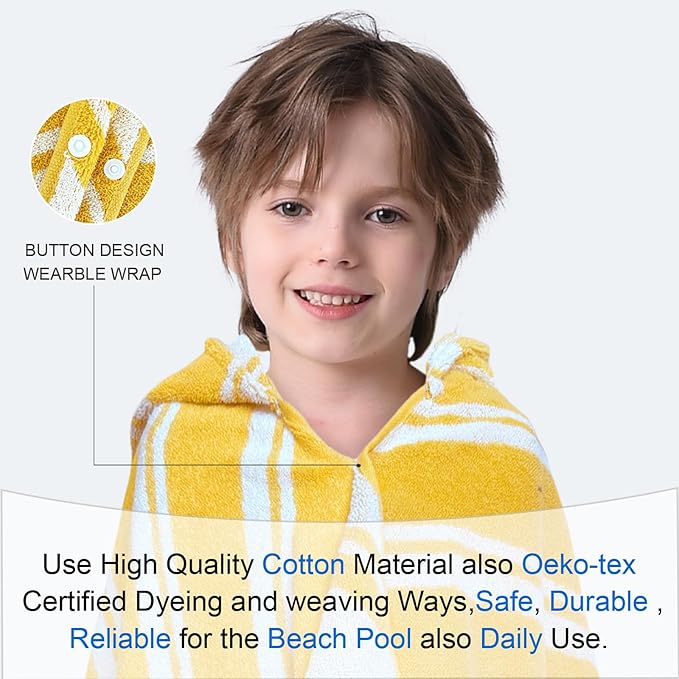 VOOVA & MOVAS Hooded Bath Towels for Kids (3-10Years,27.5"x55"),100% Cotton Absorbent Soft Towel Wrap for Toddler Boys,Perfect for Bathroom | Pool | Beach | Swimming, Jacquard Yellow Stripe