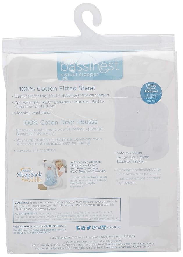 HALO BassiNest Fitted Sheet – 100% Cotton, Soft and Breathable Bassinet Sheet for Babies, 30” x 16” Pre-Shrunk Sheet, Solid White